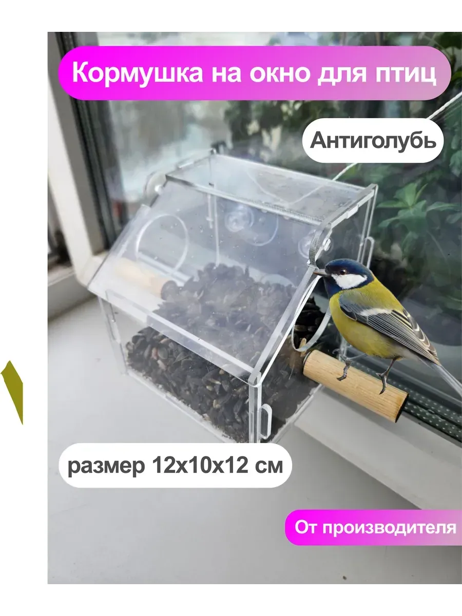 Кормушка на окно для птиц прозрачная на присосках антиголубь
